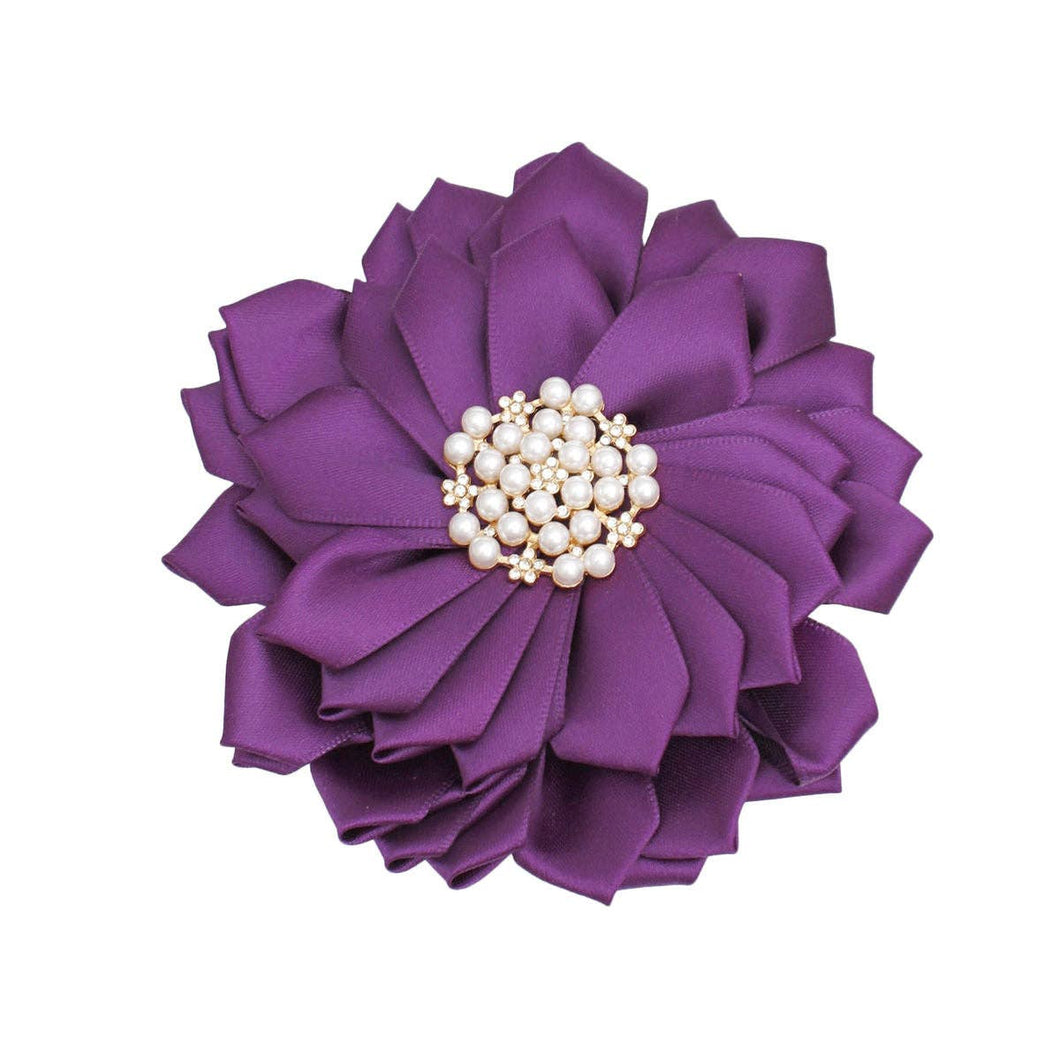 Purple Fabric Flower Pearl Brooch