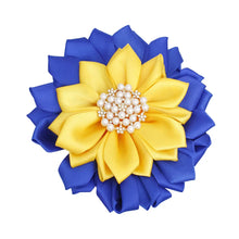 Load image into Gallery viewer, Blue and Gold Fabric Flower Pearl Brooch
