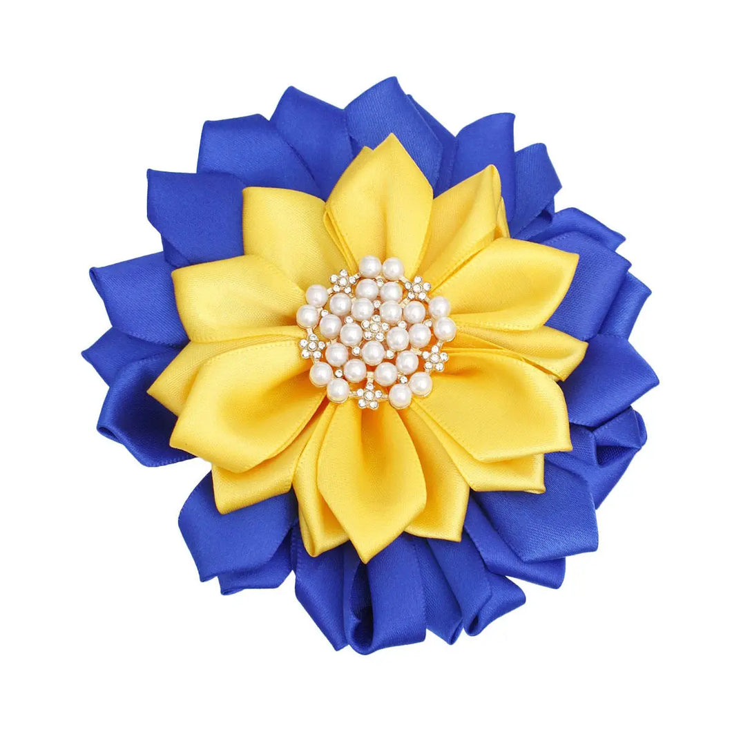 Blue and Gold Fabric Flower Pearl Brooch