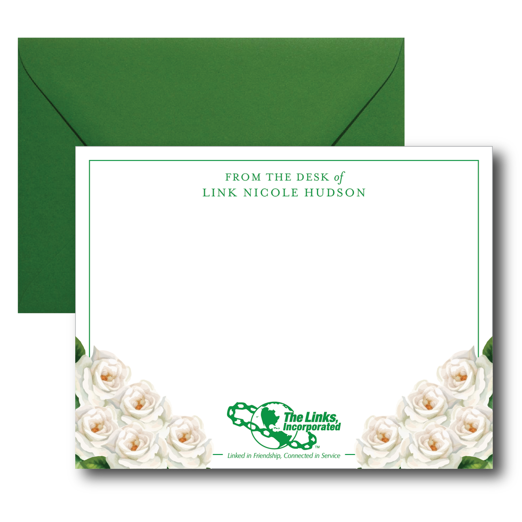 Personalized The Links, Inc. White Rose Note Card