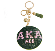 Load image into Gallery viewer, AKA Letters 1908 Bling Green Tassel Keychain
