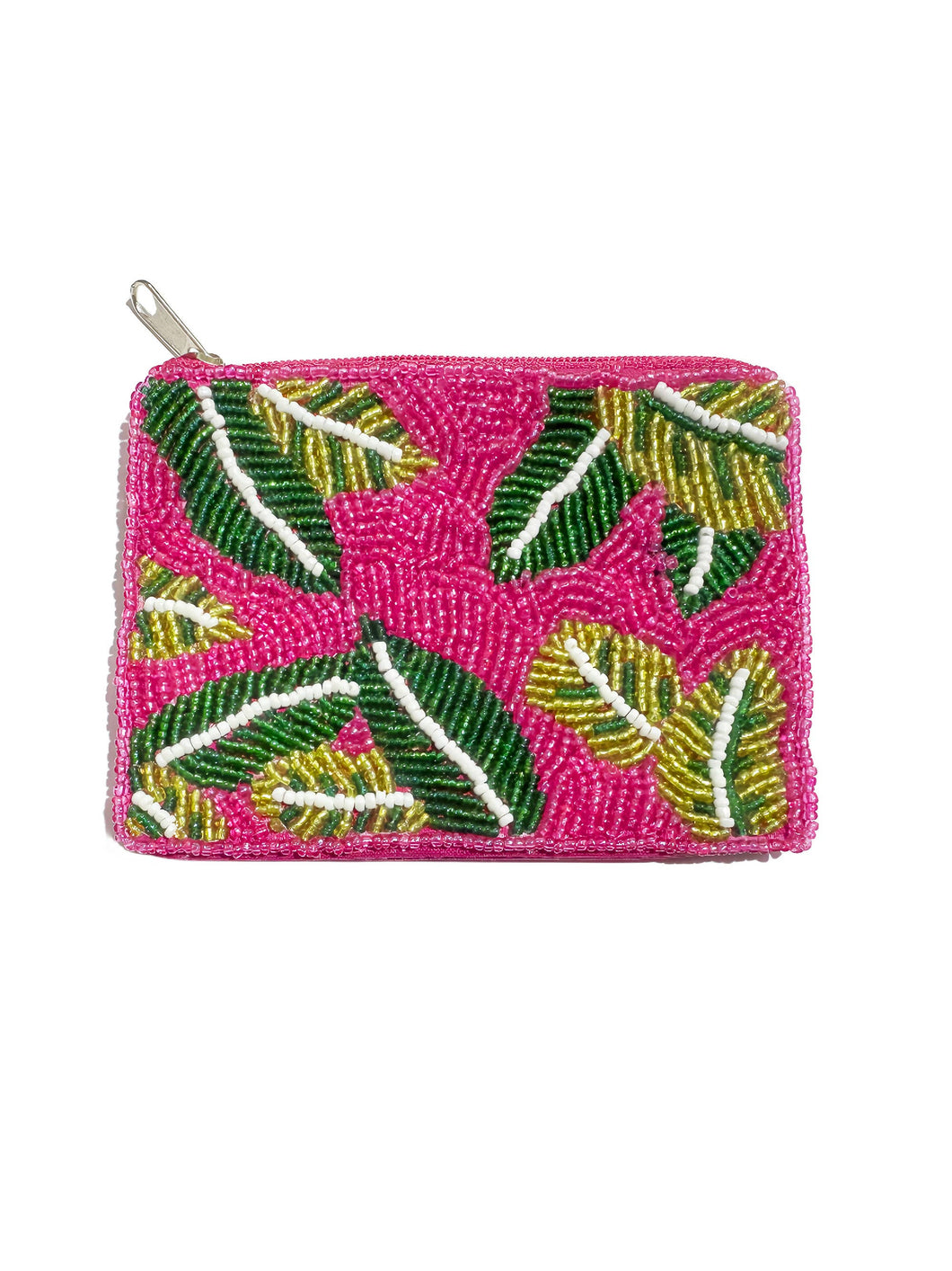 Pink and Green Leaves Beaded Coin Purse